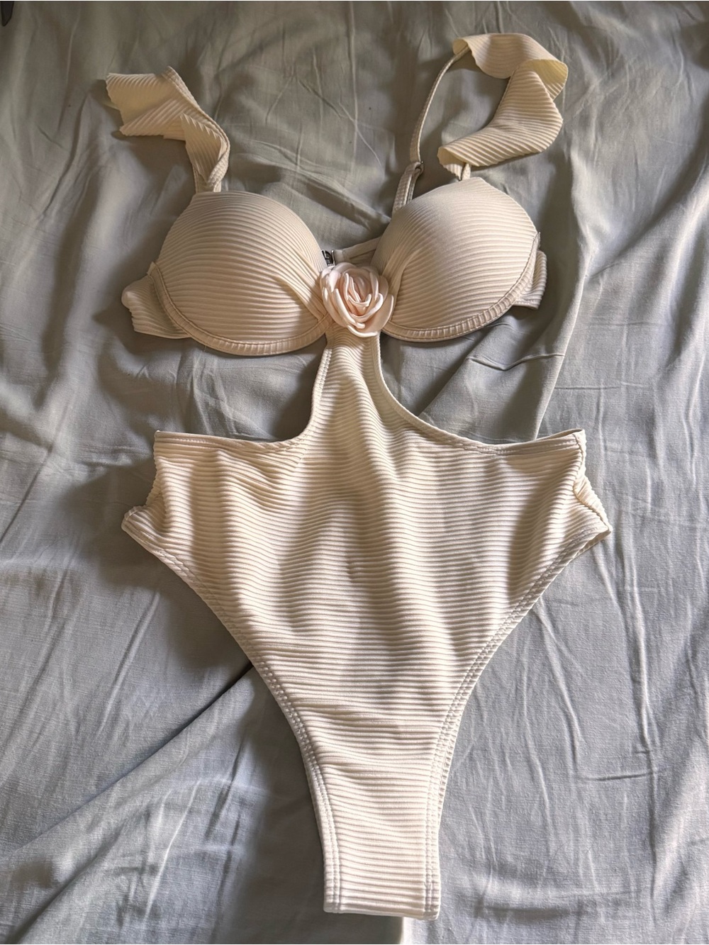 Off white ribbed one piece monokini with flower size small